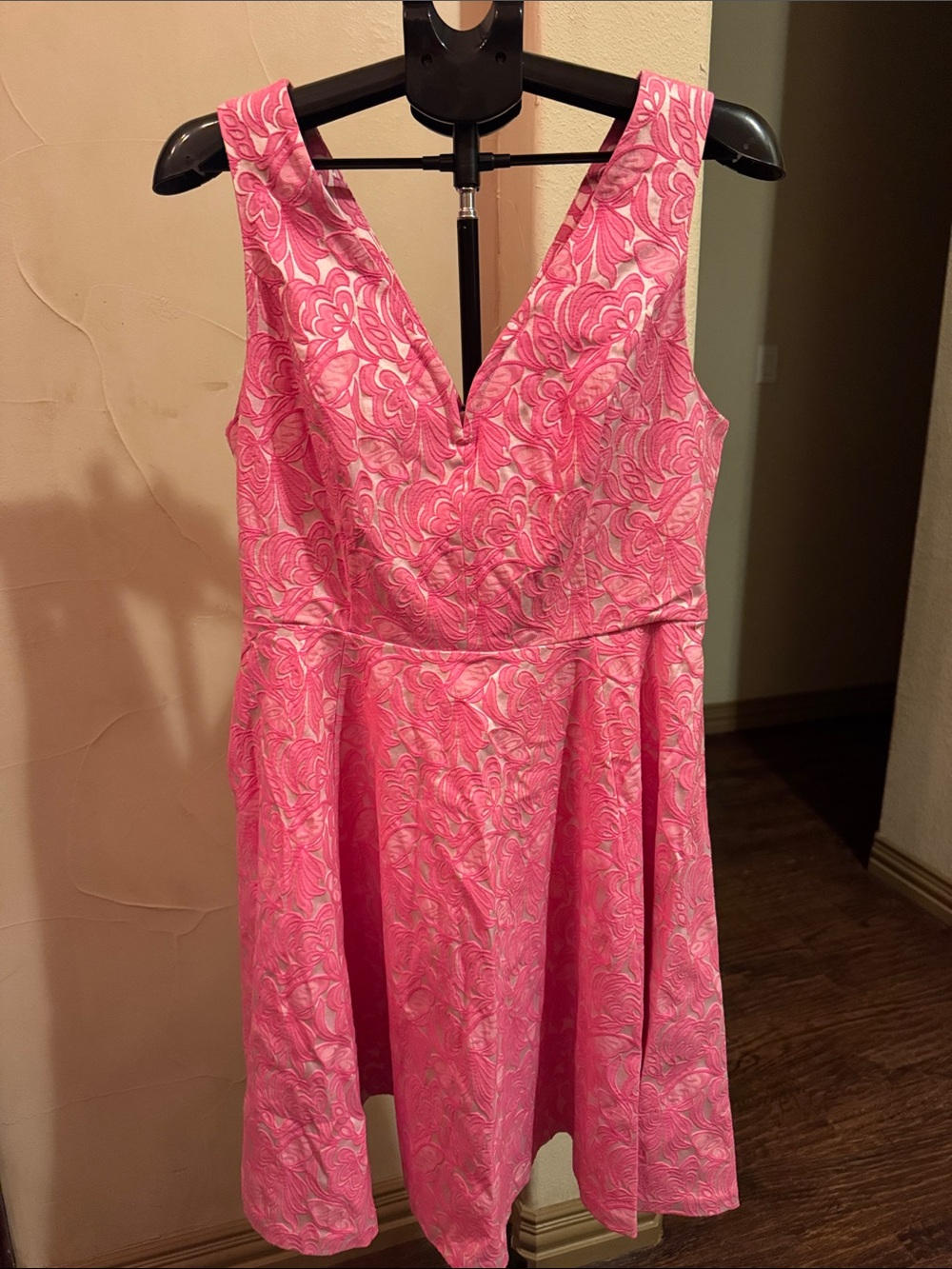 Anthropologie Pink Floral Jacquard V-Neck Fit-and-Flare Dress